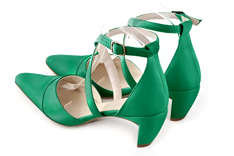 Emerald green women's open side shoes, with crossed straps. Tapered toe. Medium comma heels. Rear view - Florence KOOIJMAN